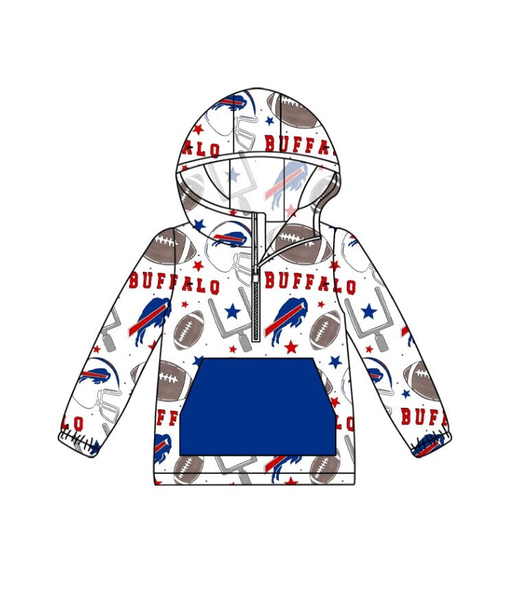 Custom moq 3 eta 6-7weeks team baby boys clothes BUFFALO blue and white hooded long sleeve top