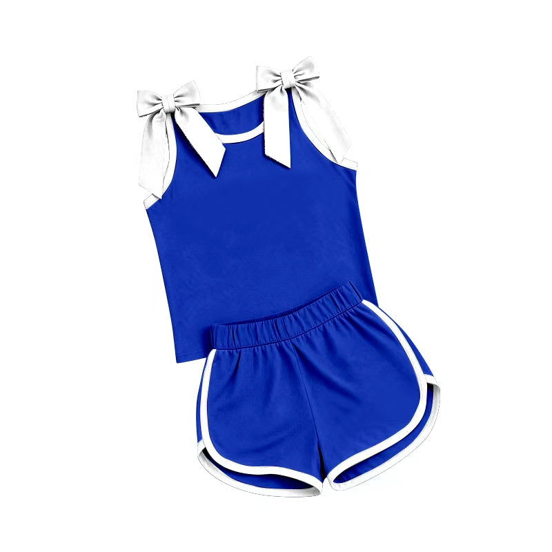 (Preorder new) No moq Baby Girls Blue White Bow Sleeveless Top Shorts Two Piece Summer Sets