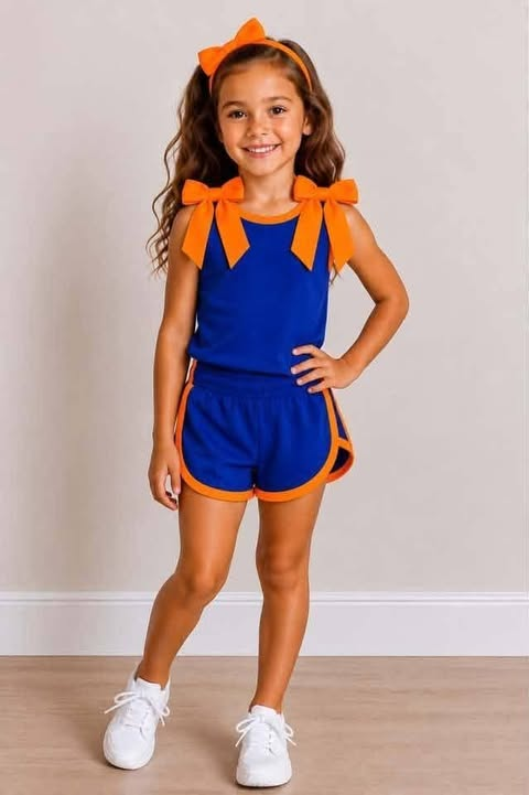custom moq 5 mix size Baby Girls Blue Orange Trim Bow Strap Sleeveless Tank Top And Shorts Two Piece Summer Outfit Set