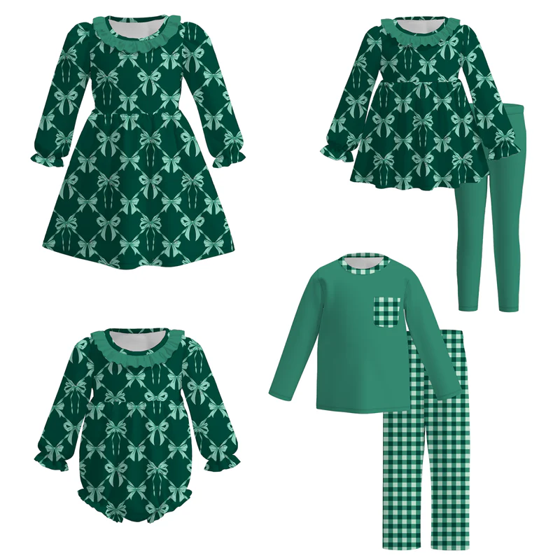 Custom moq 5 each style eta 6-7weeks baby girl bow green long sleeve pants set 1 and pants set 2 and dress and romper