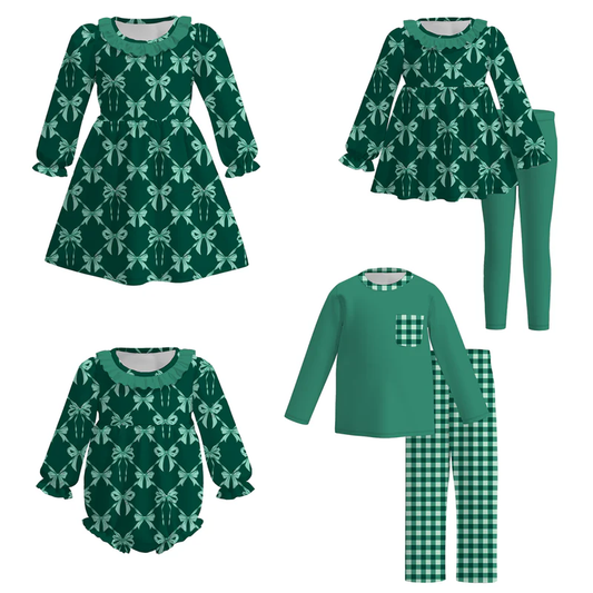 Custom moq 5 each style eta 6-7weeks baby girl bow green long sleeve pants set 1 and pants set 2 and dress and romper
