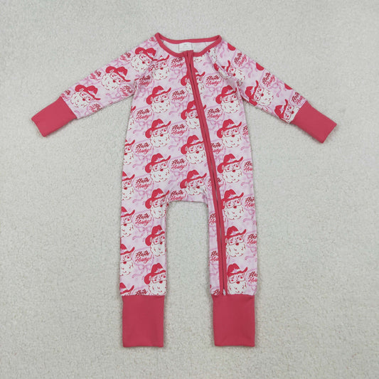 RTS NO MOQ（In Stock) LR2243 Howdy Letter Santa Claus Zippered Long-Sleeved Bodysuit with Pink Bow Pattern