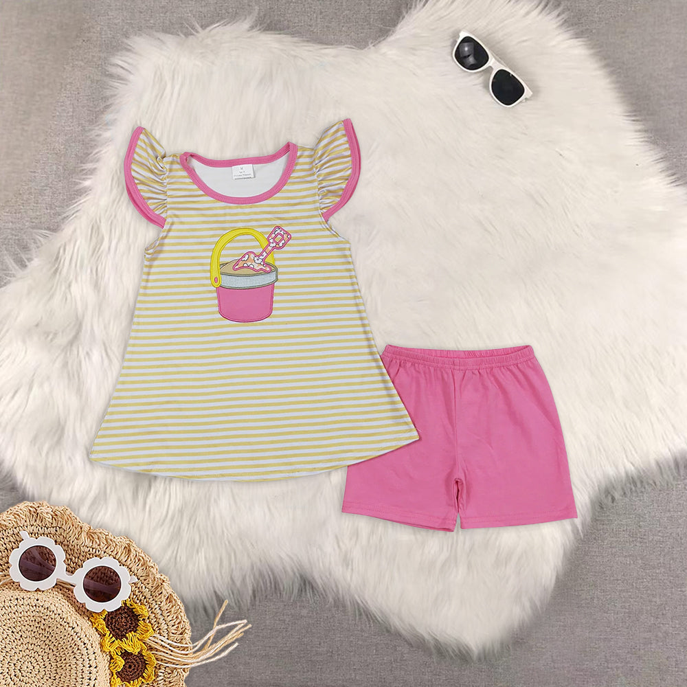 RTS NO MOQ baby girl clothes embroidery short-sleeved shorts suit & short-sleeved sets