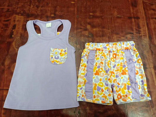 Custom moq 3 eta 6-7weeks baby girls clothes leopard purple suspender shorts sets