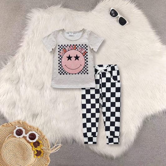 RTS NO MOQ GT0173+P0699 Black and white short-sleeved top plaid lace-up trousers sets