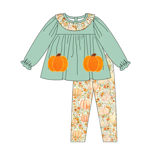 Custom moq 5 each style eta 6-7weeks baby girl pumpkin long sleeve pants and dress and briefs sets and romper