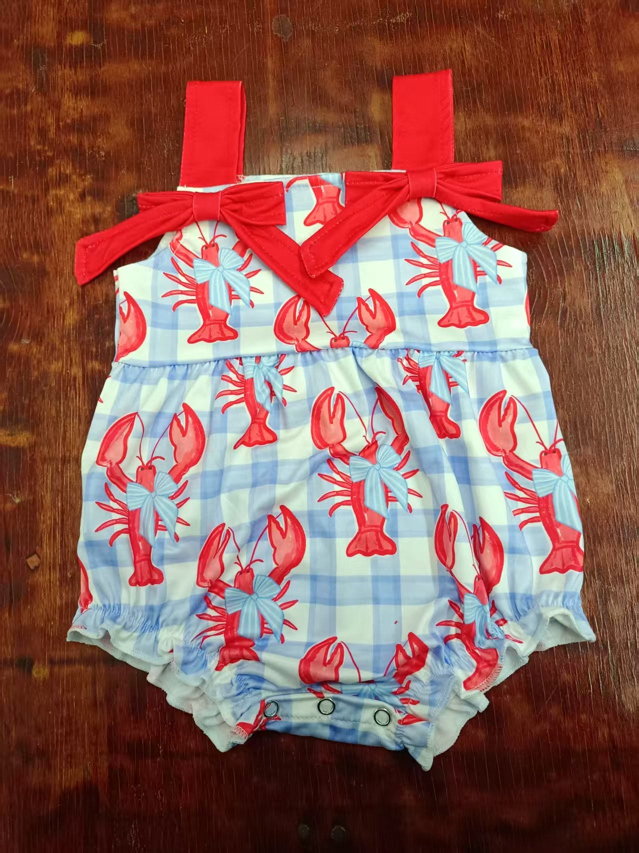 Custom moq 3 eta 6-7weeks baby girl clothes lobster bow sleeveless romper
