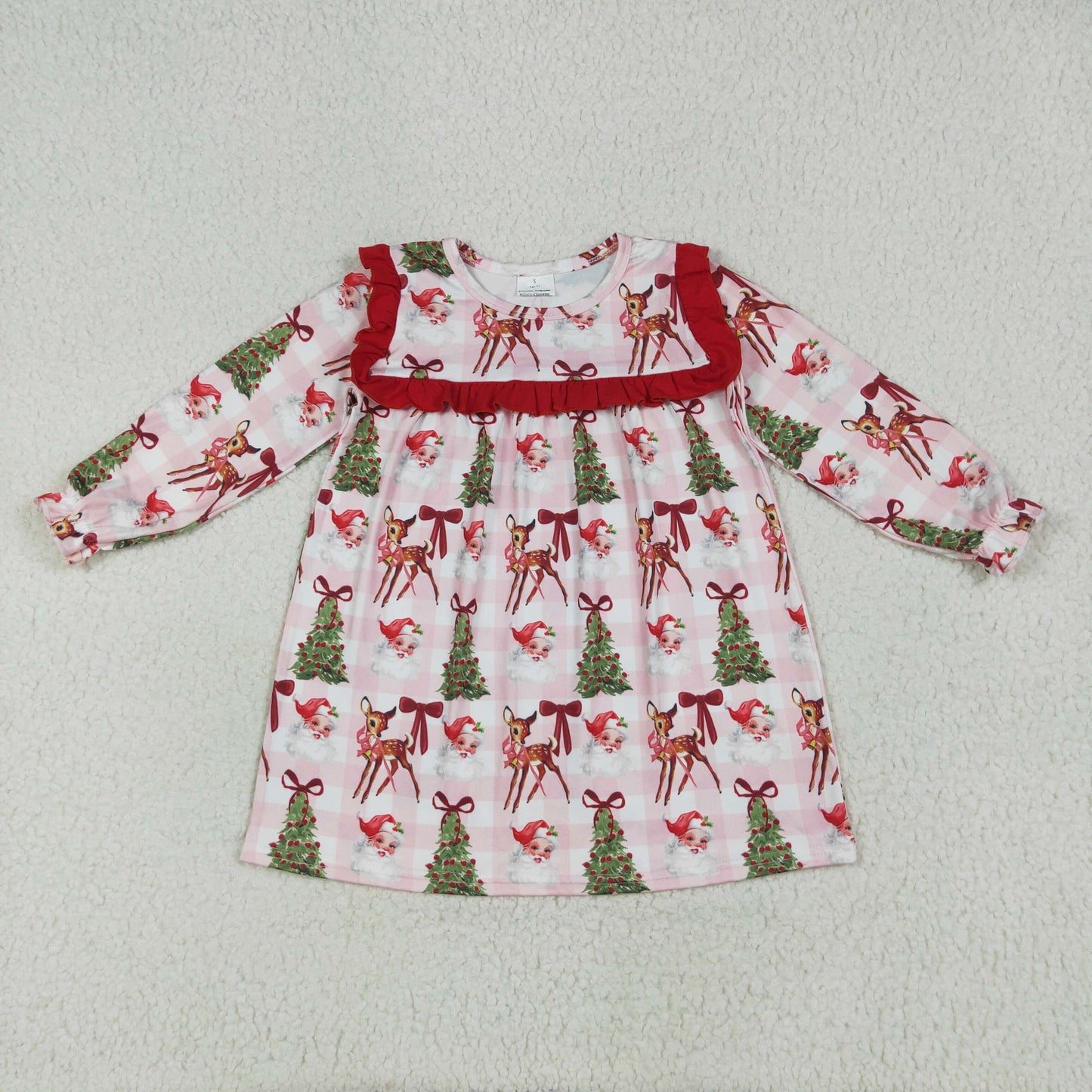 RTS NO MOQ GLD1092 Santa Claus bow pattern deer red lace pink plaid long sleeve dress