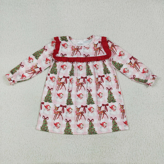 RTS NO MOQ GLD1092 Santa Claus bow pattern deer red lace pink plaid long sleeve dress