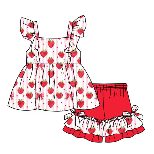 Custom moq 5 mix size milk silk baby girl clothes strawberry bow flying sleeve shorts sets and dresses 2