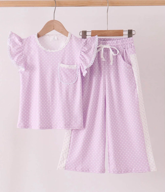 NEW RTS NO MOQ milk silk GSPO2328 Baby Girls Purple Polka Dots Pocket Top Flare Pant Clothes Sets