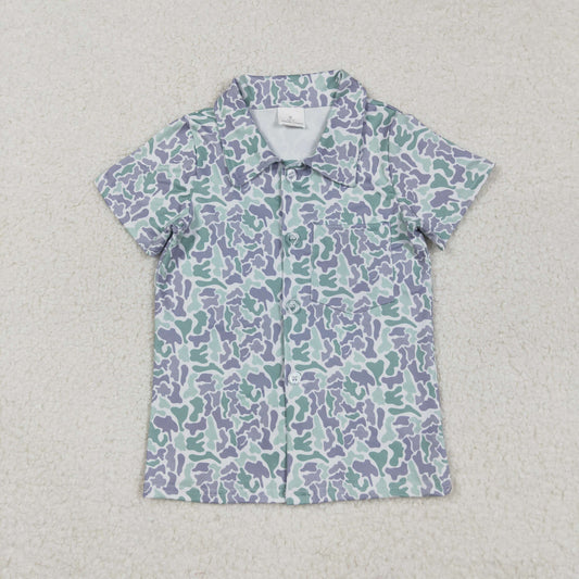 RTS NO MOQ（In Stock) BT1295 Gray-Green Camouflage Button Short-Sleeved Top