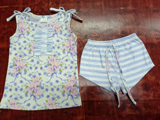 Custom moq 3 eta 6-7weeks baby girls clothes floral blue Sleeveless shorts sets-25.5.9