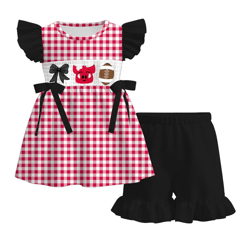 Custom summer teams baby girls clothes team black short sleeve shorts sets dress romper-25.7.19