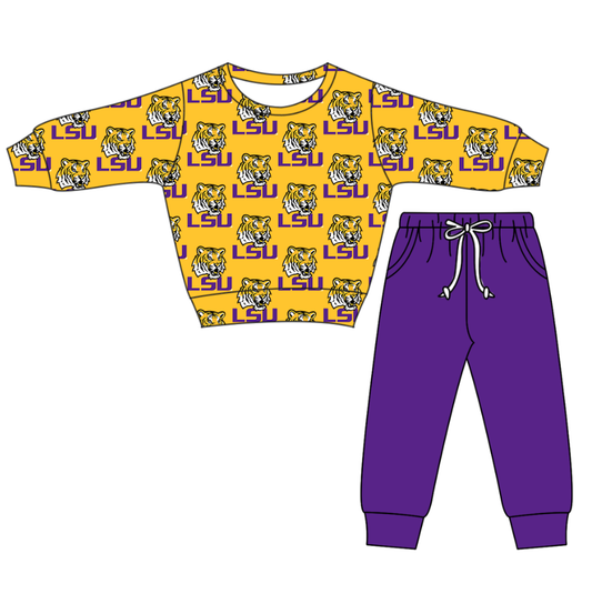 Custom moq 5 mix size milk silk summer teams baby boy clothes yellow and purple long sleeve pants sets-25.11.22