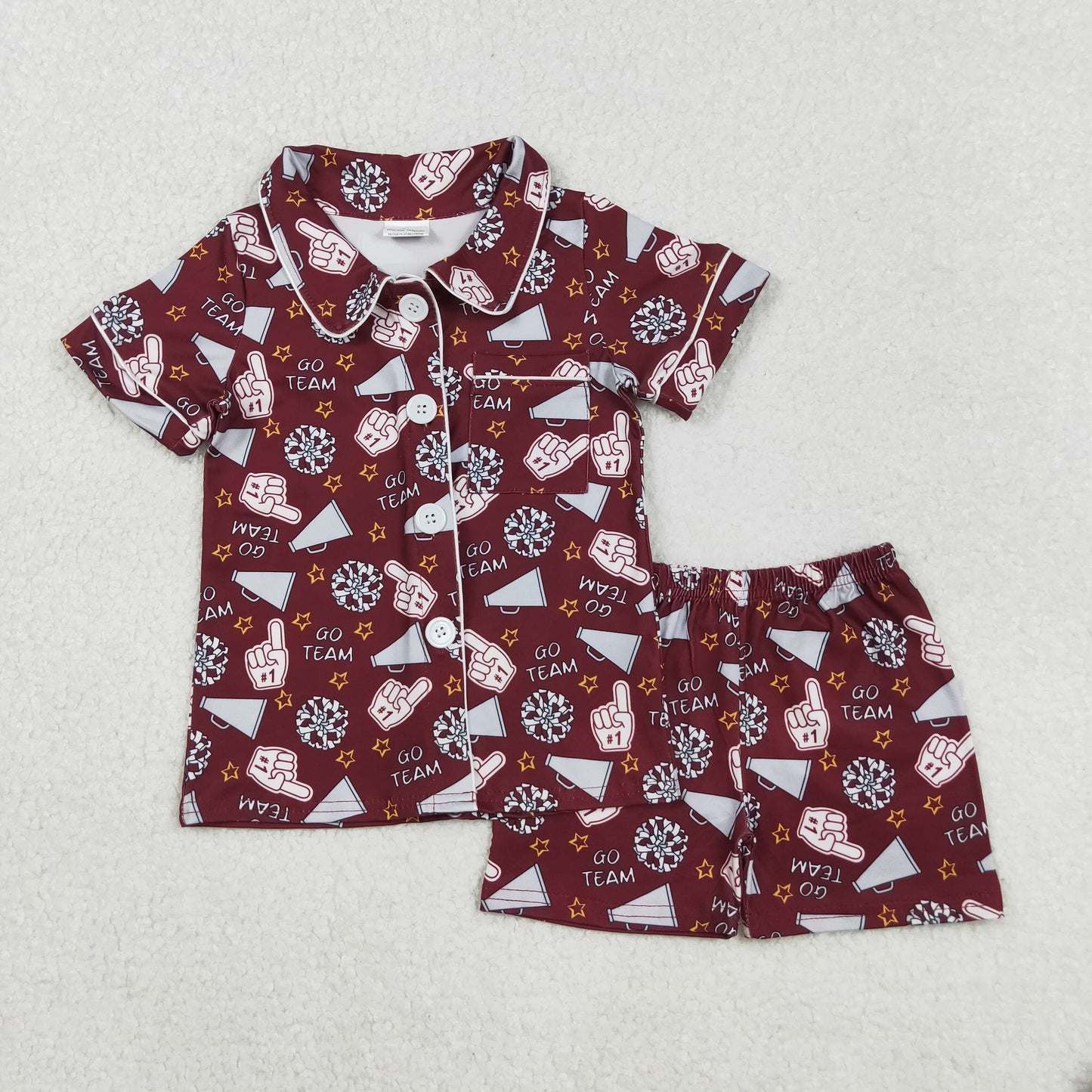 RTS NO MOQ（In Stock) GSSO2678 Go Team white hand gesture trumpet and star bow pattern dark red short-sleeved shorts pajama set