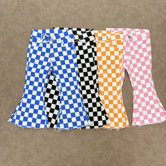 RTS NO MOQ Sibling baby girl clothes Plaid Button-Down Skinny Denim Flared Pants: Orange & Blue