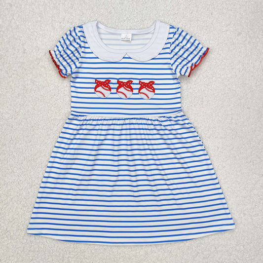 RTS NO MOQ ETA 5/7days Arrived GSD1436 Embroidered polka dot red bow headband baseball blue striped doll collar short-sleeved dress