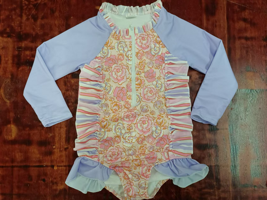Custom moq 3 eta 6-7weeks  Pink Rose Flower Pattern Zipper Pullover Pleated Long Sleeve Short Swimsuit