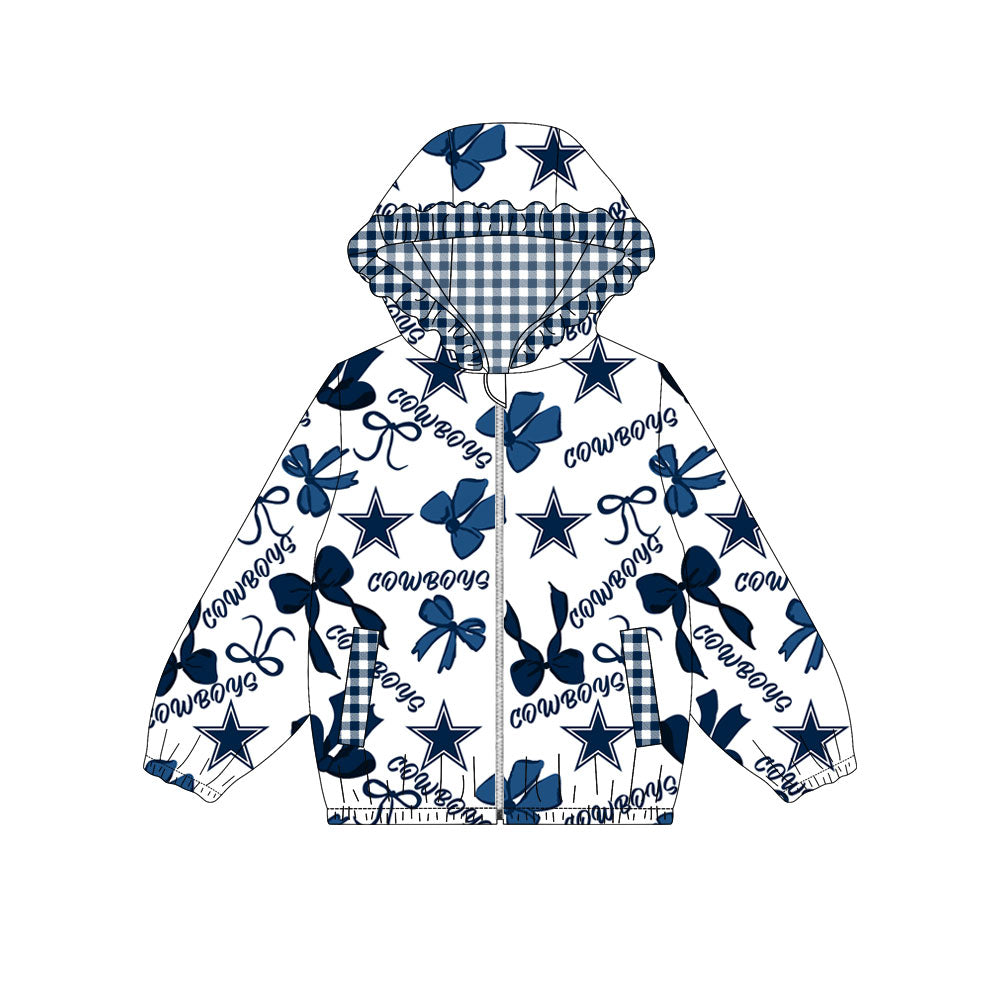 Custom moq 8 mix size milk silk summer team baby girls clothes bow blue hooded long sleeve top-25.9.30