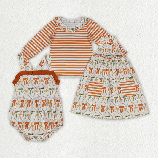 RTS NO MOQ Sibling baby Girls clothes bow long sleeve top Clothes dress romper