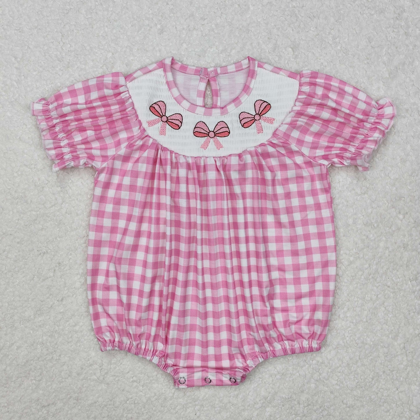 RTS NO MOQ ETA 5/7days arrived SR2325 Embroidered smocked bow pattern pink plaid short-sleeved jumpsuit