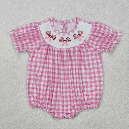 RTS NO MOQ ETA 5/7days arrived SR2325 Embroidered smocked bow pattern pink plaid short-sleeved jumpsuit