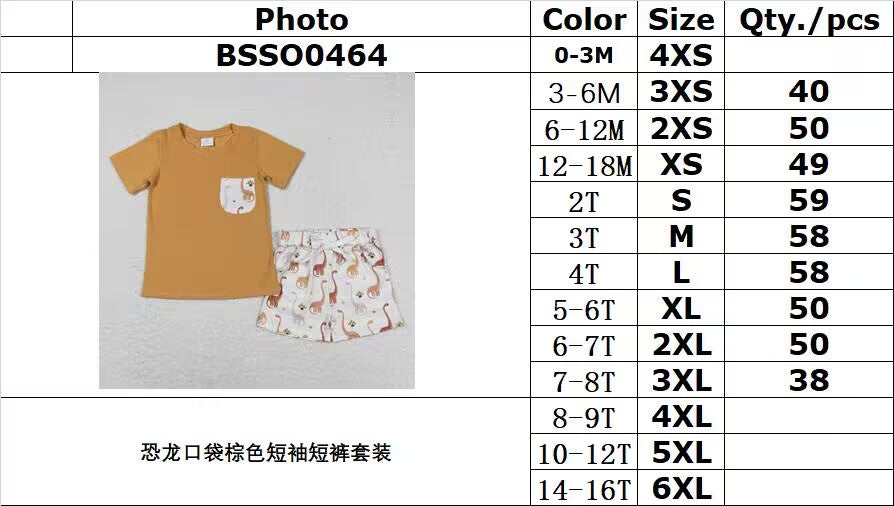 rts no moq BSSO0464 Dinosaur Pocket Brown Short Sleeve Shorts Set