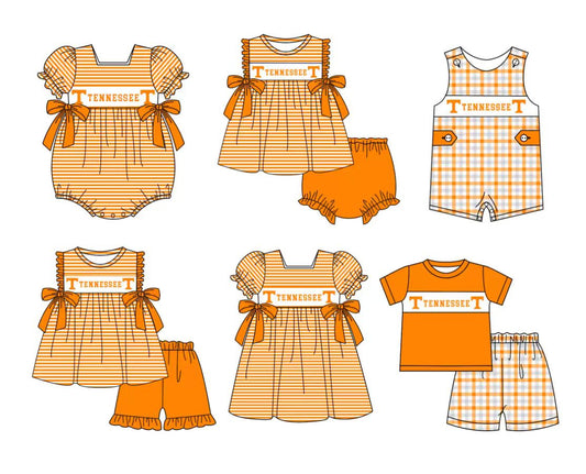 Custom moq 5 mix size milk silk summer teams baby girl boys clothes orange short sleeve shorts sets 2 and brief sets and dress and rompers 2 series