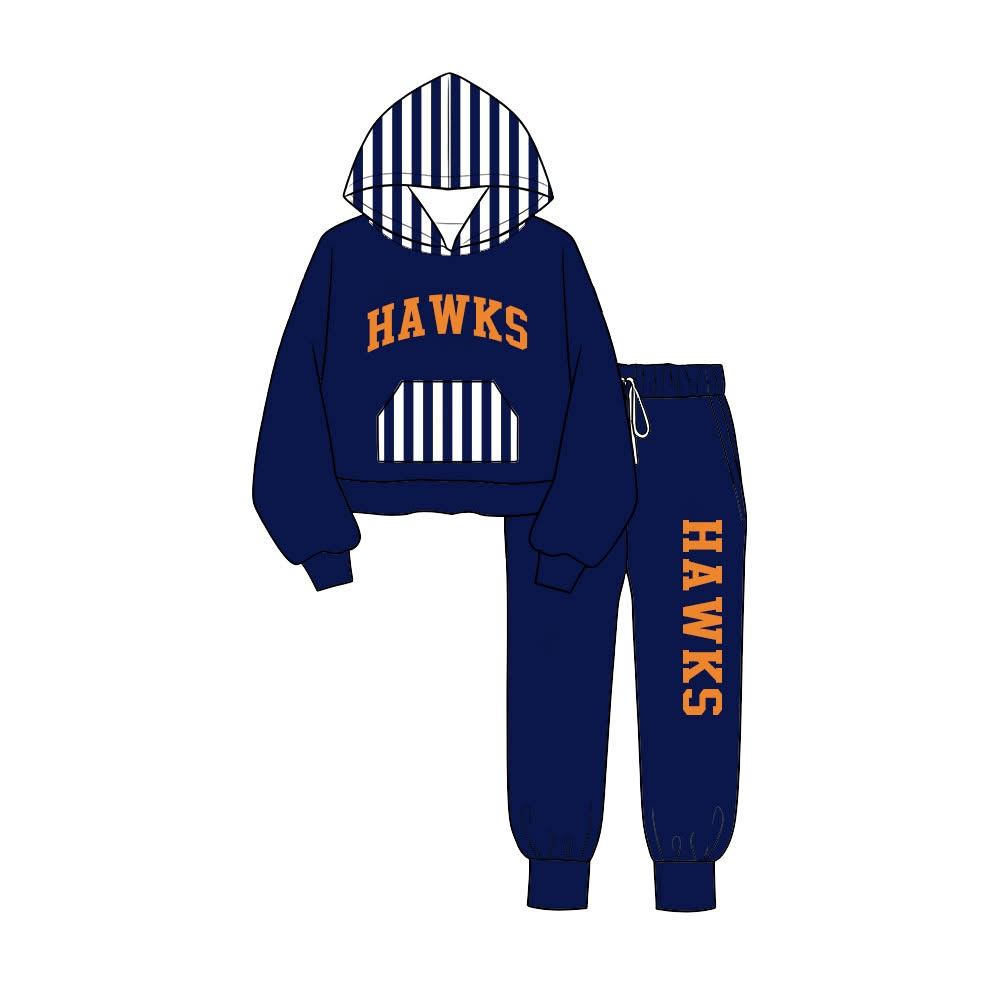 custom moq 5 mix size AAMY0108 Baby Kids Striped Hood Lining Pocket With Letter Print Hoodie Jogger Team  Set