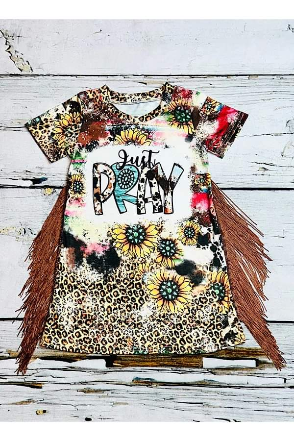 Deadline November 30 custom no moq eta 6-8weeks Baby Girls Leopard Sunflower Tassel Short Sleeve Dress