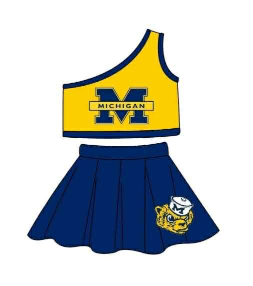 Custom moq 5 each style eta 6-7weeks baby girl clothes team yellow and blue sleeveless skirts sets-25.8.26