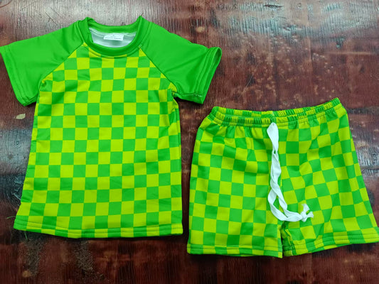 Custom moq 3 eta 6-7weeks baby boys clothes plaid bright green short Sleeve shorts sets-25.4.30