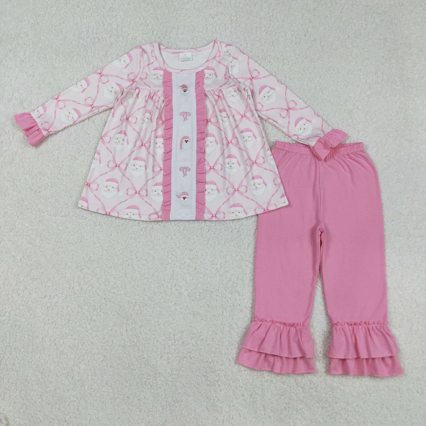 RTS NO MOQ（In Stock) GLP2364 Embroidered Santa Claus Bow Plaid Pink Lace Long-Sleeved Pants Set