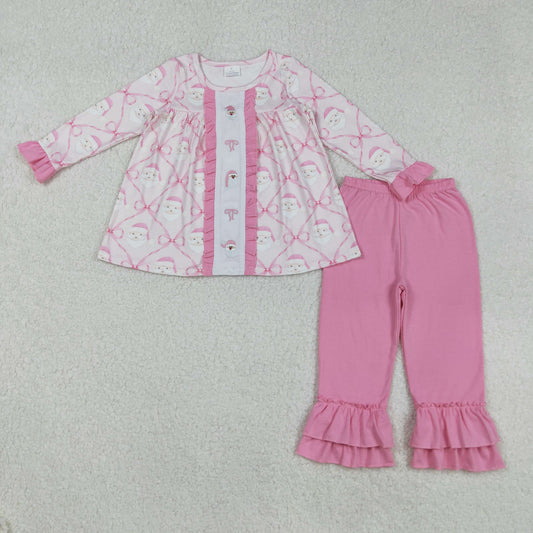 RTS NO MOQ（In Stock) GLP2364 Embroidered Santa Claus Bow Plaid Pink Lace Long-Sleeved Pants Set
