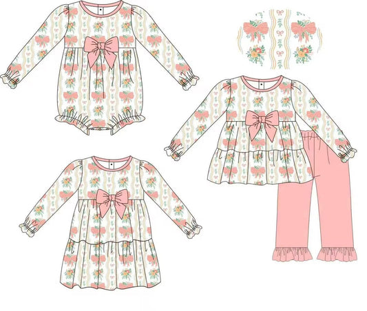 Custom moq 5 each style eta 6-7weeks baby girl clothes flroal bow pink long sleeve pants sets and romper and dress -25.9.4