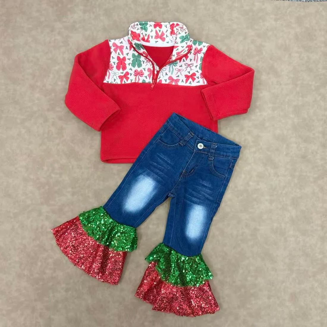 RTS NO MOQ（In Stock) GT1150+P0113 Baby Boys Girls Long Sleeve Bows Camo Zipper Pullover Sherpa Tops DENIM SETS