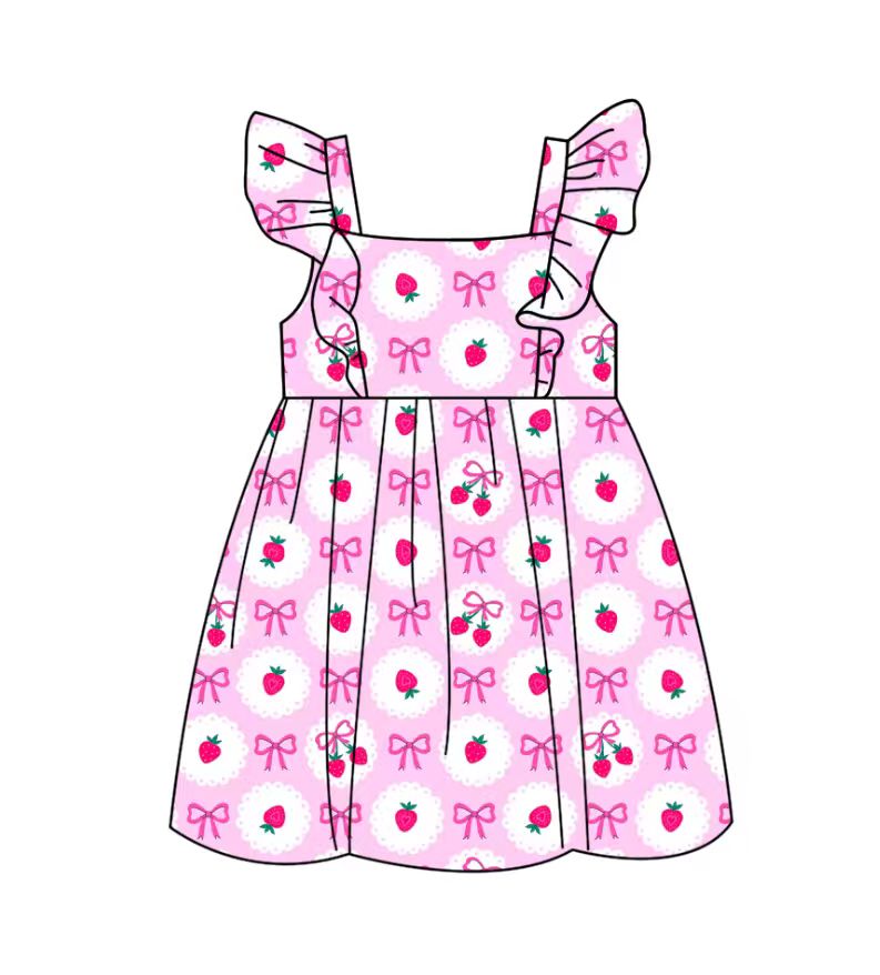 Custom moq 5 mix size milk silk baby girl clothes strawberry bow flying sleeve shorts sets and dresses 2