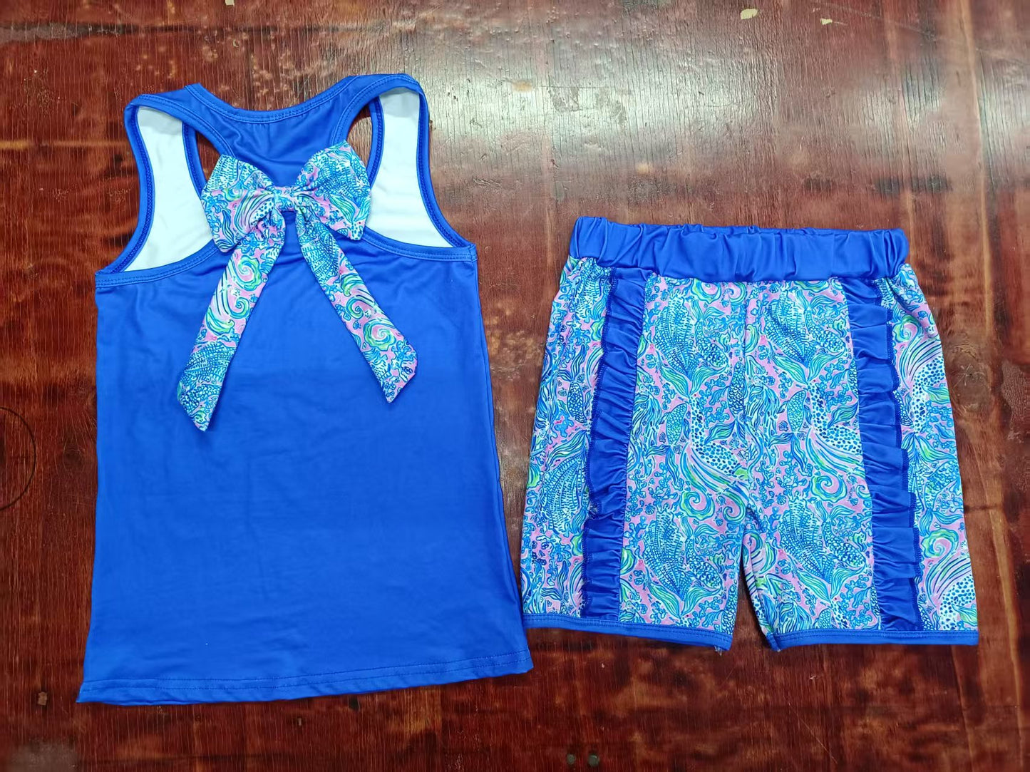 Custom moq 3 eta 6-7weeks baby girls clothes floral pattern blue sleeveless shorts sets-25.5.9