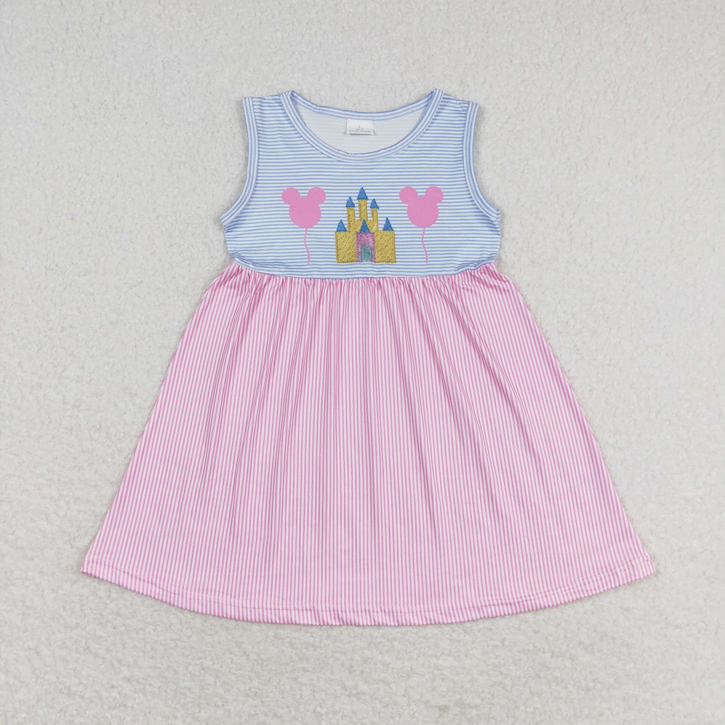 RTS NO MOQ（In Stock) Mickey balloon Dream pink and blue striped sleeveless dress