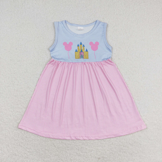 RTS NO MOQ（In Stock) Mickey balloon Dream pink and blue striped sleeveless dress
