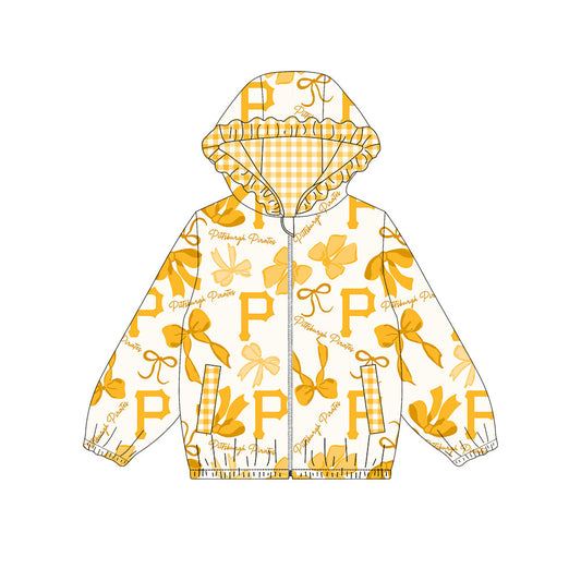 Custom moq 8 mix size milk silk summer team baby girls clothes bow yellow hooded long sleeve top-25.9.26