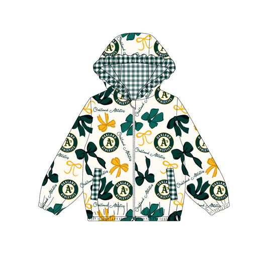 Custom moq 8 mix size milk silk summer team baby girls clothes bow green hooded long sleeve top-25.9.24