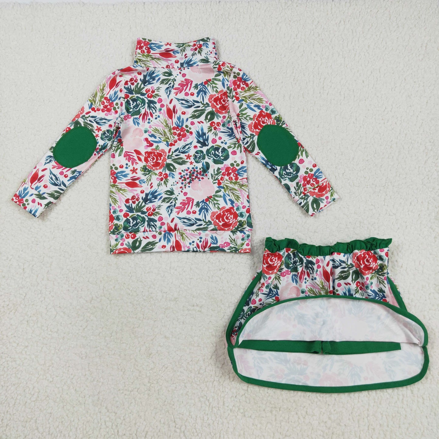 RTS NO MOQ（In Stock) GLD1075 Floral leaf green and white zipper long-sleeved skirt set