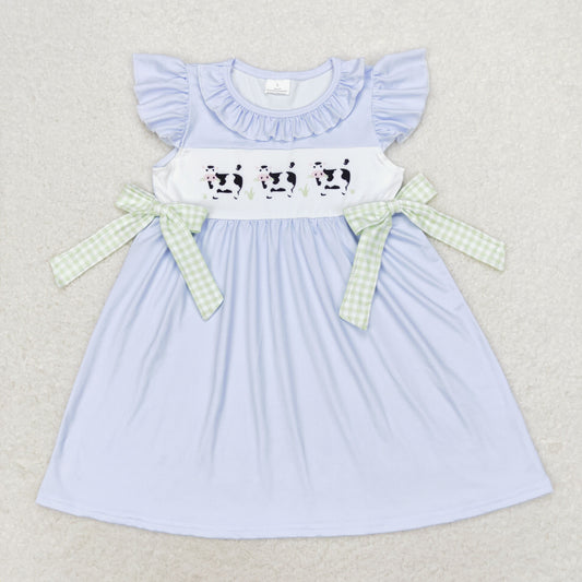 RTS no moq GSD1252 Cow plaid bow blue flying sleeve dress