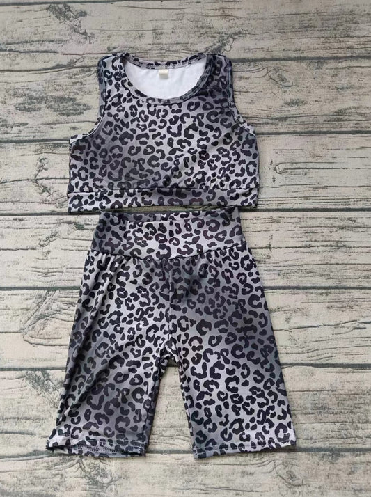 custom moq 5 eta 4-6weeks summer team baby girls clothes gray leopard short sleeve shorts sets