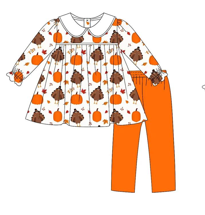 Custom moq 5 each style eta 6-7weeks baby girl clothes turkey pumpkin orange long sleeve pants sets and briefs sets and dress-25.8.2