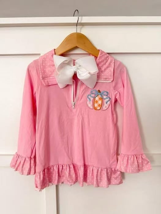 RTS NO MOQ（In Stock) GT1112 Embroidered pumpkin pink lace long-sleeved zip-up long-sleeved top