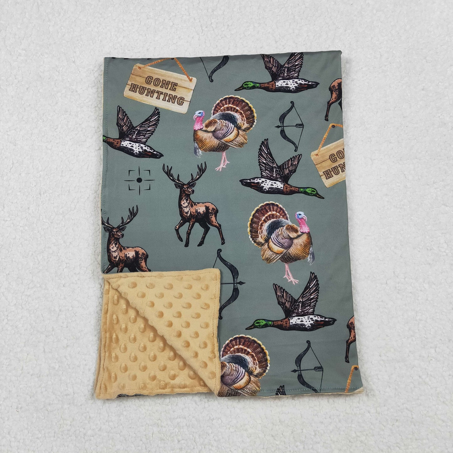 RTS NO MOQ（In Stock) BL0151 Gone Hunting green baby blanket with deer, duck, and turkey