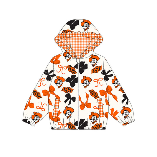 Custom moq 8 mix size milk silk summer team baby girls clothes bow orange hooded long sleeve top-25.9.26